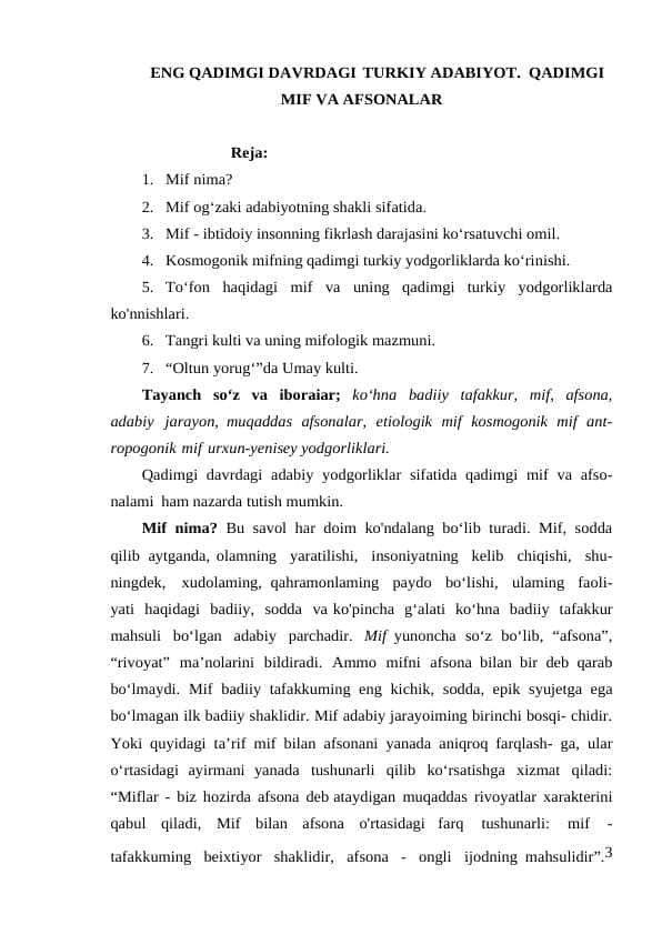 ENG QADIMGI DAVRDAGI TURKIY ADABIYOT. QADIMGI MIF VA AFSONALAR