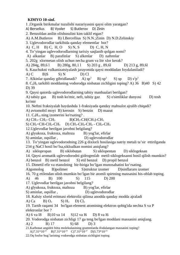 10-sinf.kimyo test