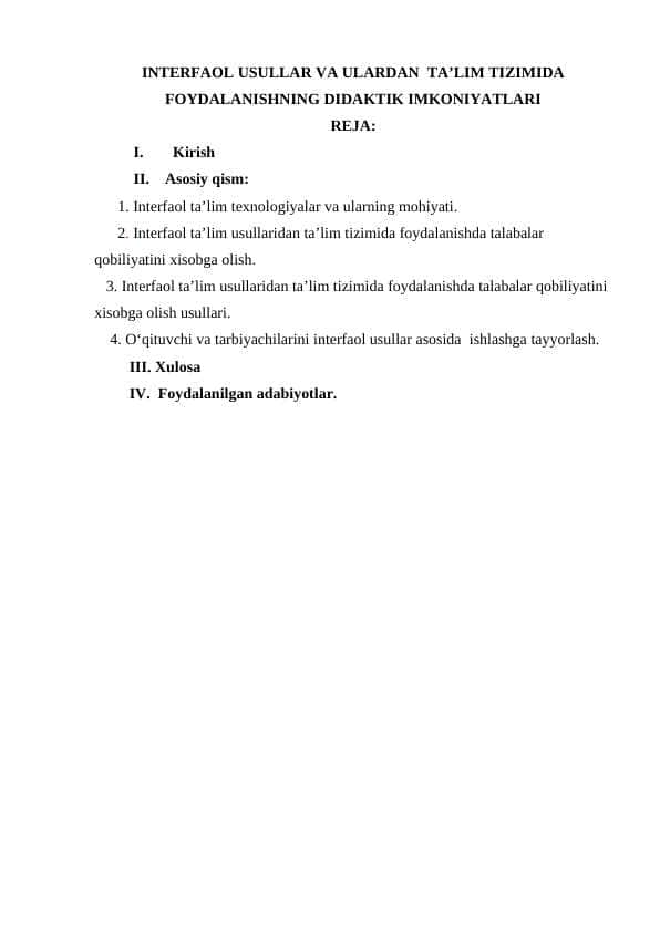 INTERFAOL USULLAR VA ULARDAN TA’LIM TIZIMIDA FOYDALANISHNING DIDAKTIK IMKONIYATLARI