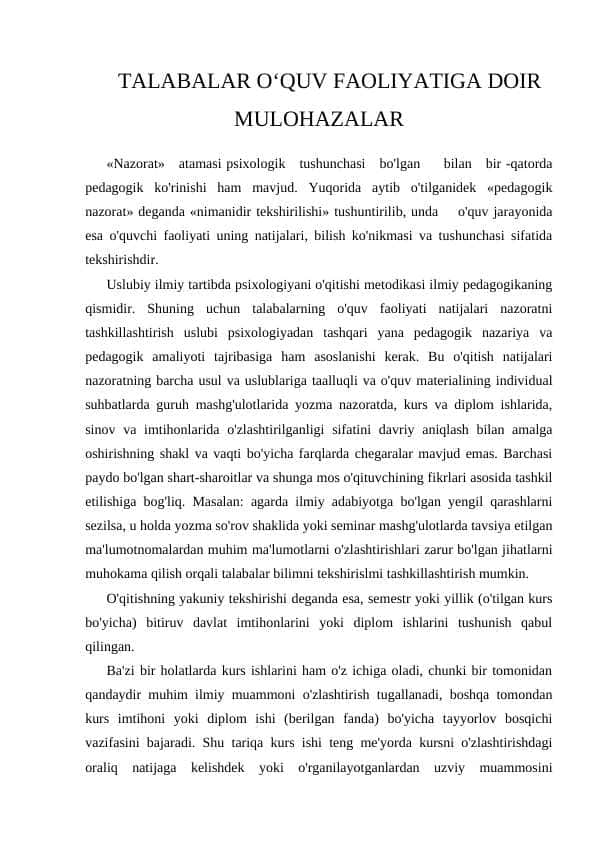 TALABALAR O‘QUV FAOLIYATIGA DOIR MULOHAZALAR