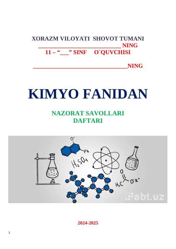 11-sinf kimyo fanidan nazorat ishlari daftari 2025