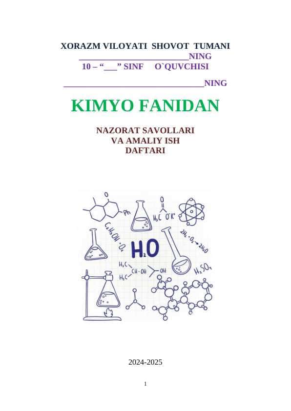 10-sinf kimyo fanidan nazorat ishi daftari 2025