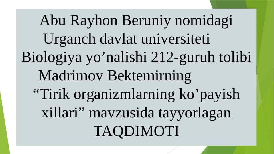 Tirik organizmlarning jinssiz ko'payishi
