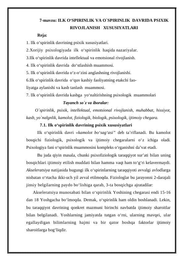 ILK O‘SPIRINLIK VA O`SPIRINLIK DAVRIDA PSIXIK RIVOJLANISH XUSUSIYATLARI