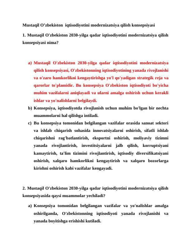 Mustaqil O’zbekiston iqtisodiyotini modernizatsiya qilish konsepsiyasi mavzusida test