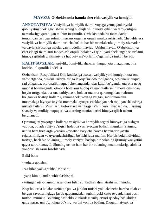 O’zbekistonda hamda chet elda vasiylik va homiylik