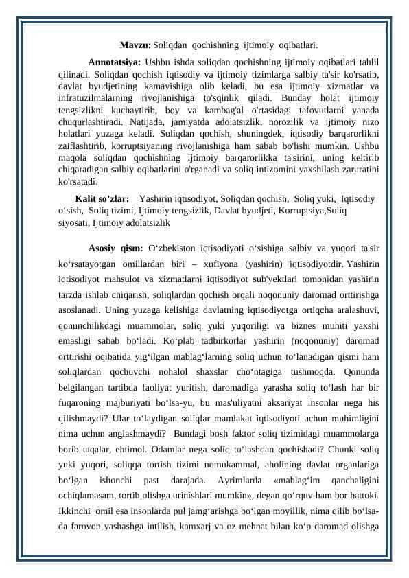Soliqdan qochishning ijtimoiy oqibatlari.