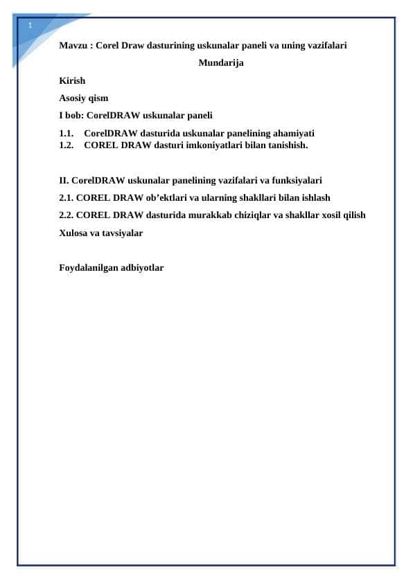 Corel Draw dasturining uskunalar paneli va uning vazifalari kurs ishi