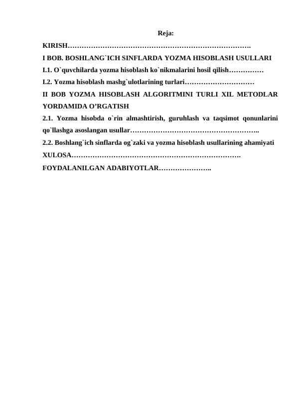 YOZMA HISOBLASH ALGORITMINI O’RGATISH
