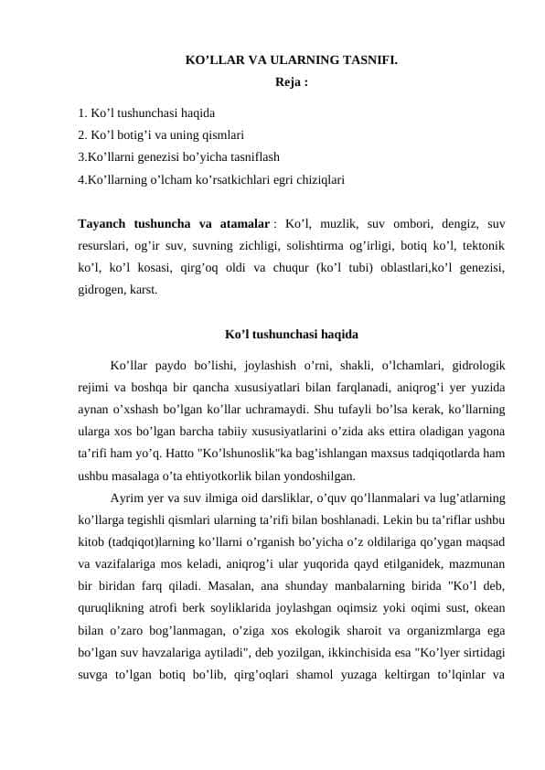 KO’LLAR VA ULARNING TASNIFI