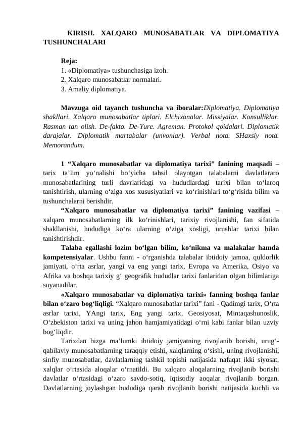 KIRISH. XALQARO MUNOSABATLAR VA DIPLOMATIYA TUSHUNCHALARI
