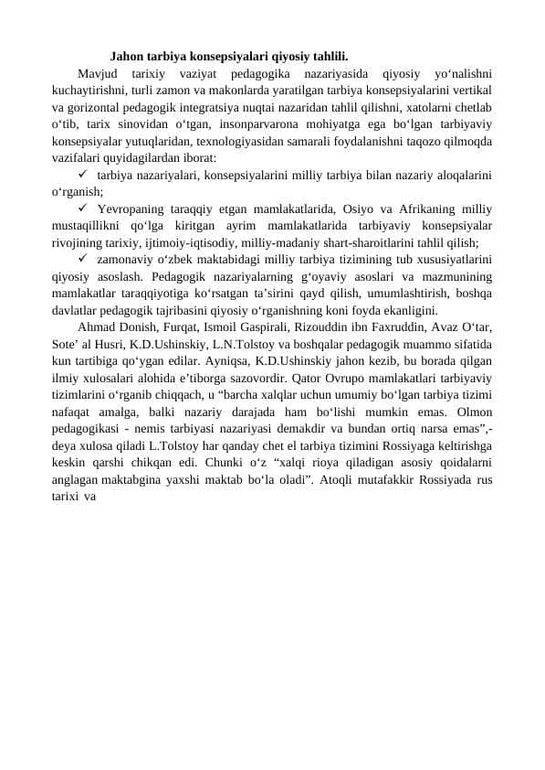 Jahon tarbiya konsepsiyalari qiyosiy tahlili