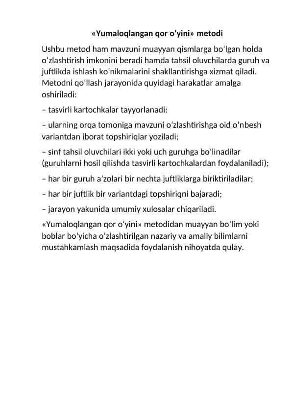 «Yumaloqlangan qor o‘yini» metodi