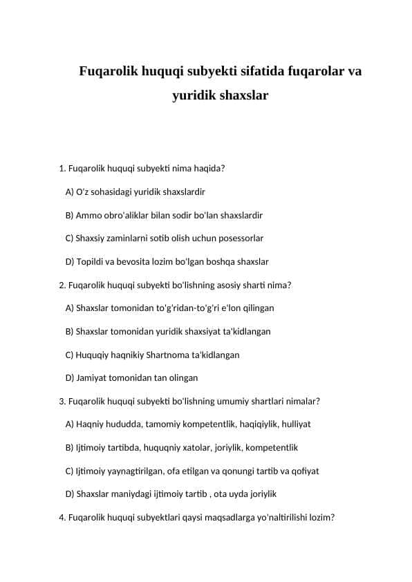 Fuqarolik huquqi subyekti sifatida fuqarolar va yuridik shaxslar
