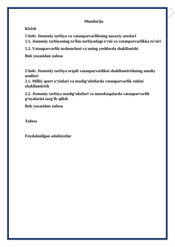 O'quvchilarda vatanparvarlik tuyg'ularini tarbiyalashda jismoniy tarbiyaning ahamiyati Kurs ishi
