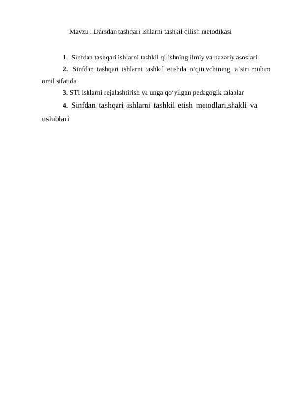Darsdan tashqari ishlarni tashkil qilish metodikasi