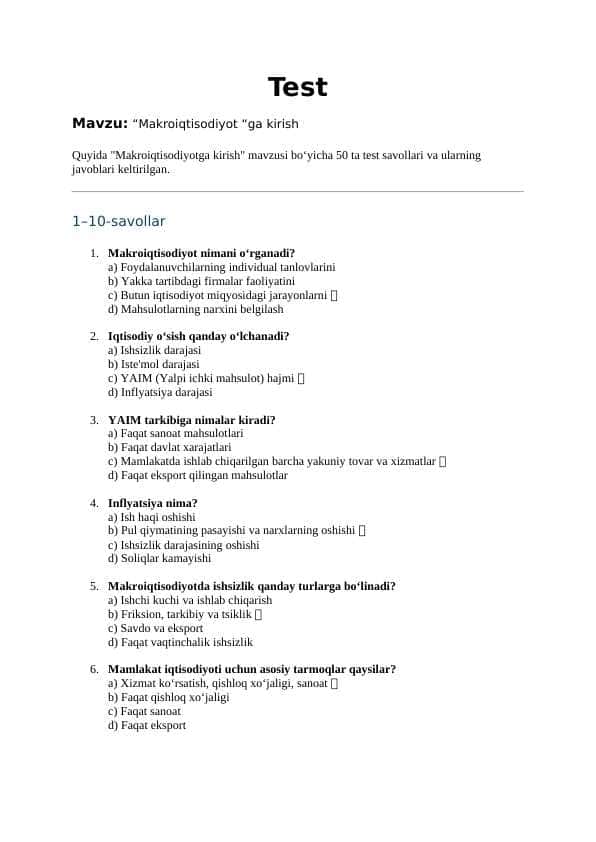Mavzu: “Makroiqtisodiyot “ga kirish . Test. Javoblari bilan birga.