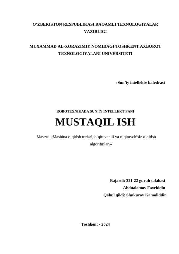Ierarxik klasterlash algoritmlari Suniy Intelekt Mustaqil Ish