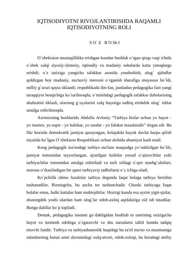 IQTISODIYOTNI RIVOJLANTIRISHDA RAQAMLI IQTISODIYOTNING ROLI