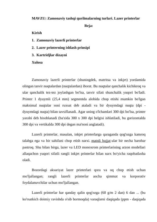 Zamonaviy tashqi qurilmalarning turlari. Lazer printerlar.docx