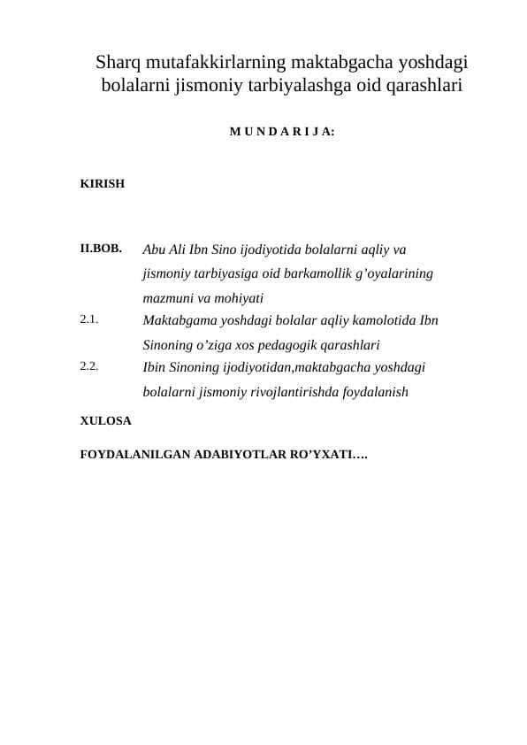 Sharq mutafakkirlarning maktabgacha yoshdagi bolalarni jismoniy tarbiyalashga oid qarashlari