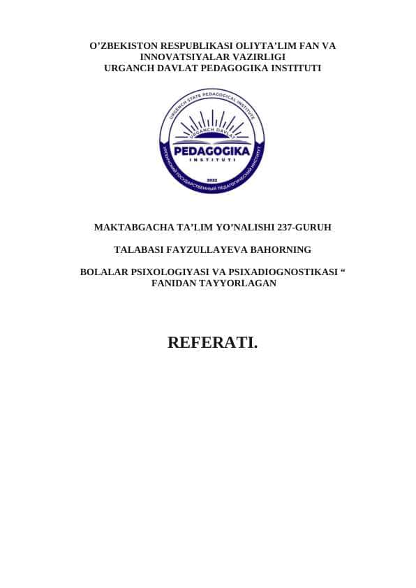 Maktab yoshidagi bolada estetik hissiyotni shakillantirish.