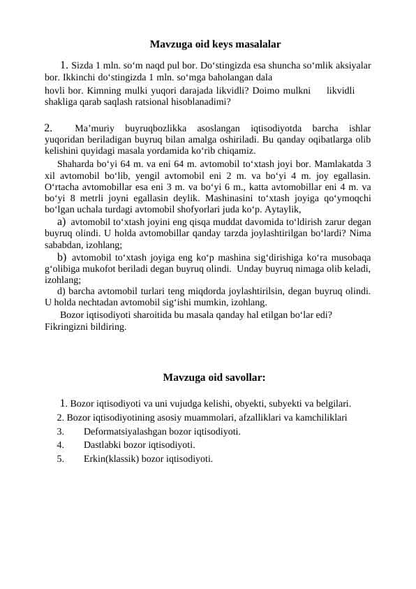 iqtisod mavzu yuzasidan savollar