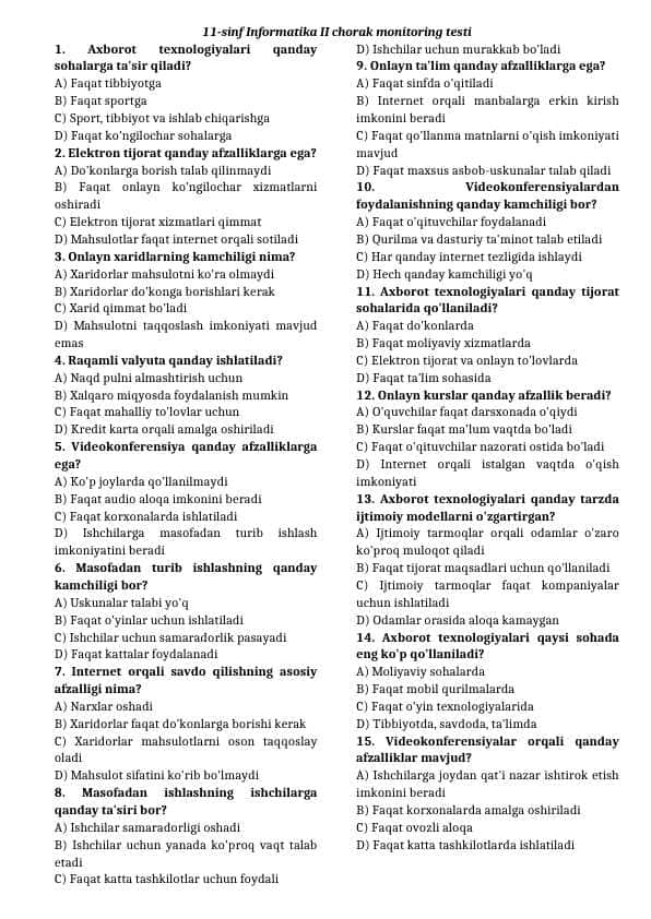 11-sinf informatika 2-chorak monitoring test javoblari bilan