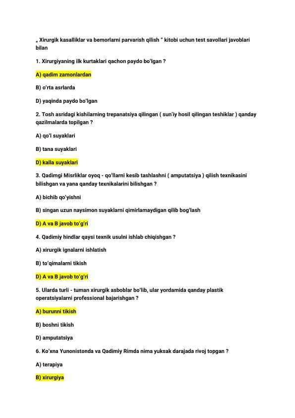 Tibbiyot / Xirurgiya / Test savol / Javoblari