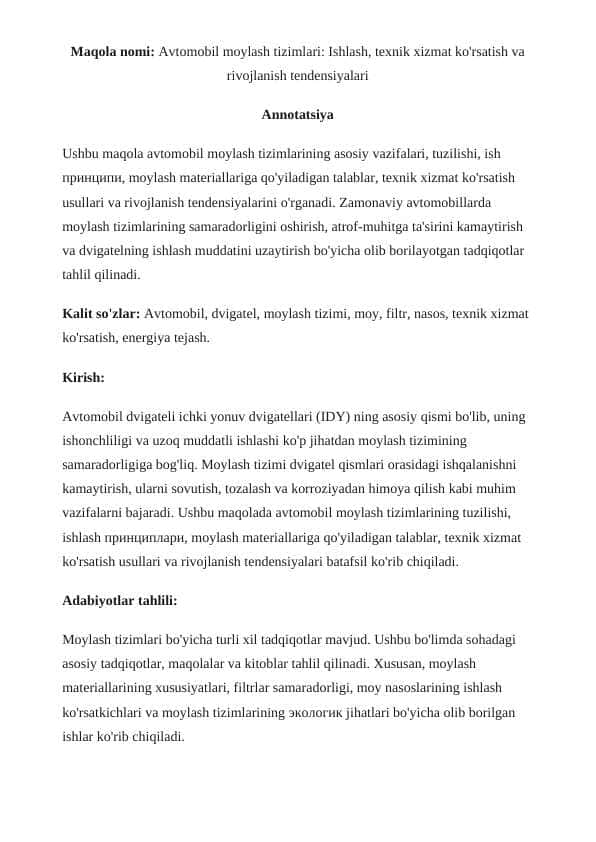 Avtomobil moylash tizimlari maqola