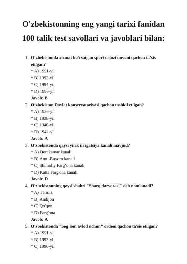 O'zbekistonning eng yangi tarixi fanidan 100 talik test savollari va javoblari bilan