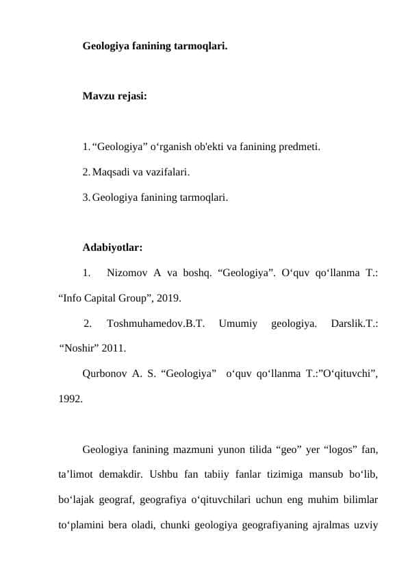Geologiya fanining tarmoqlari.