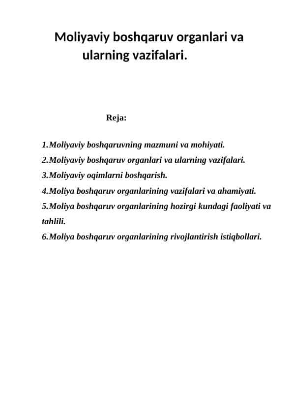 Moliyaviy boshqaruv organlari va ularning vazifalari.
