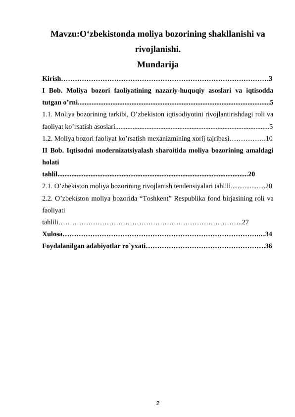 O‘zbekistonda moliya bozorining shakllanishi va rivojlanishi