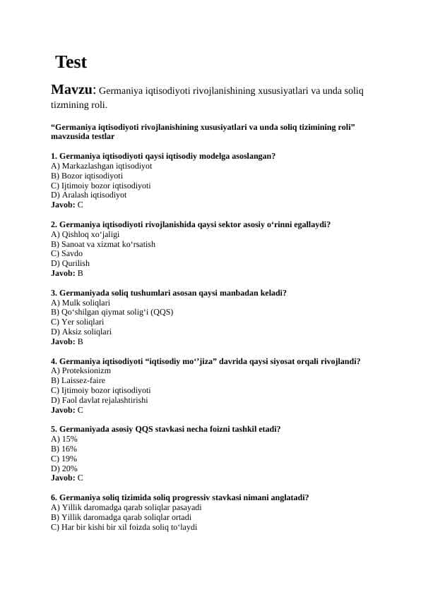 Mavzu: Germaniya iqtisodiyoti rivojlanishining xususiyatlari va unda soliq tizmining roli. TEST JAVOBLARI BILAN