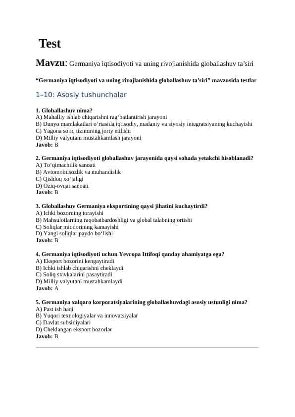 Mavzu: Germaniya iqtisodiyoti va uning rivojlanishida globallashuv ta’siri. TEST JAVOBLARI BILAN