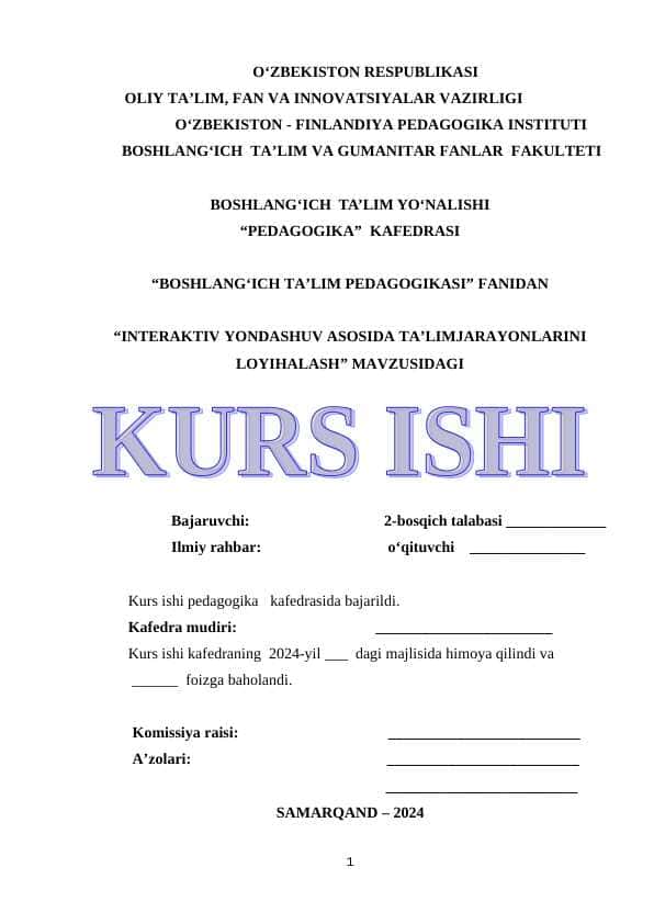 INTERAKTIV YONDASHUV ASOSIDA TA’LIMJARAYONLARINI LOYIHALASH