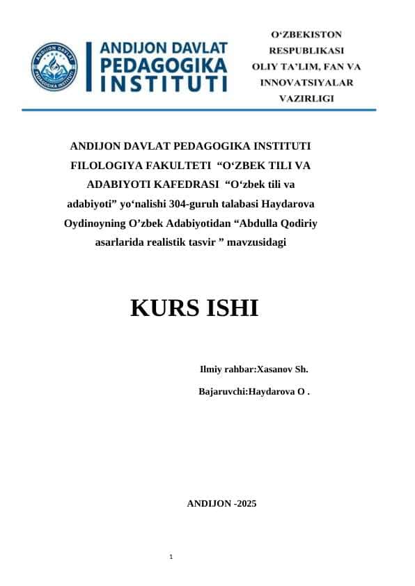 Abdulla Qodiriy asarlarida realistik tasvir kurs ishi