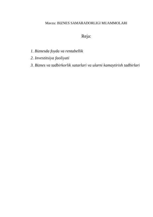 BIZNES SAMARADORLIGI MUAMMOLARI