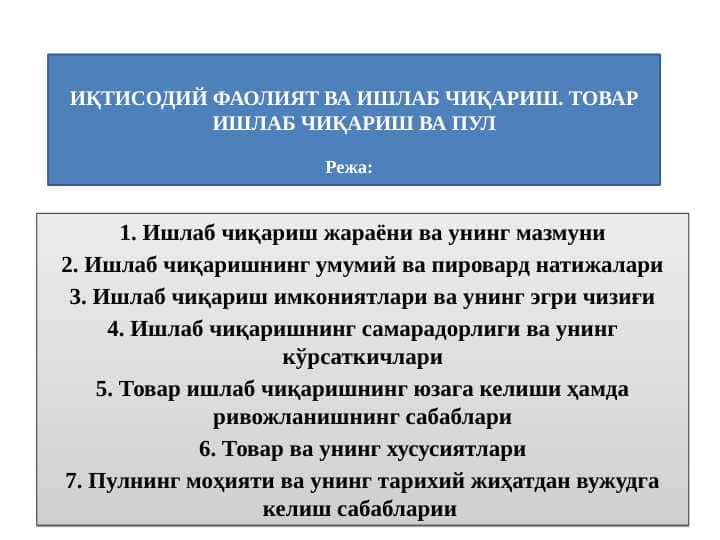 ИҚТИСОДИЙ ФАОЛИЯТ ВА ИШЛАБ ЧИҚАРИШ. ТОВАР ИШЛАБ ЧИҚАРИШ ВА ПУЛ