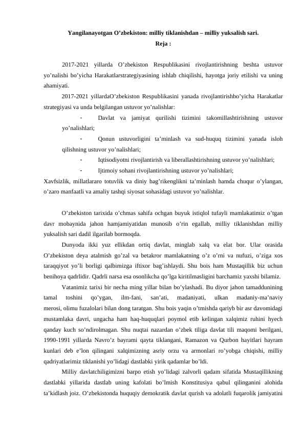 Yangilanayotgan O’zbekiston: milliy tiklanishdan – milliy yuksalish sari