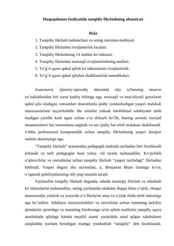 Huquqshunos faoliyatida tanqidiy fikrlashning ahamiyati