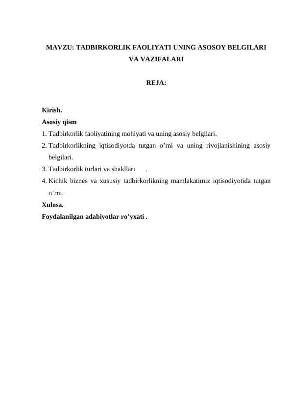 Tadbirkorlik faoliyati uning asosoy belgilari va vazifalari