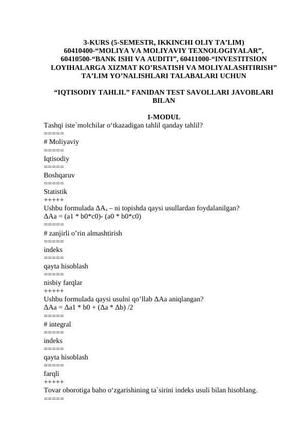 IQTISODIY TAHLIL” FANIDAN TEST SAVOLLARI JAVOBLARI BILAN