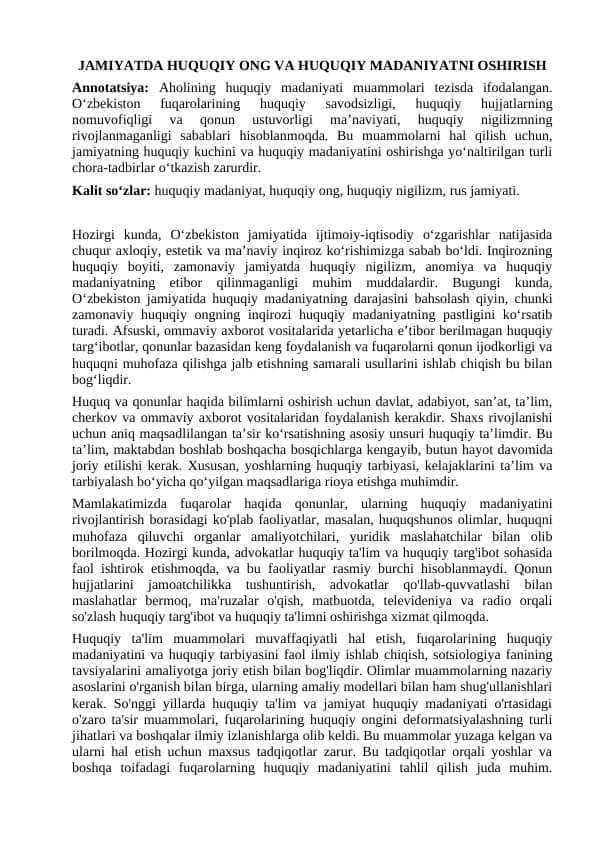 JAMIYATDA HUQUQIY ONG VA HUQUQIY MADANIYATNI OSHIRISH