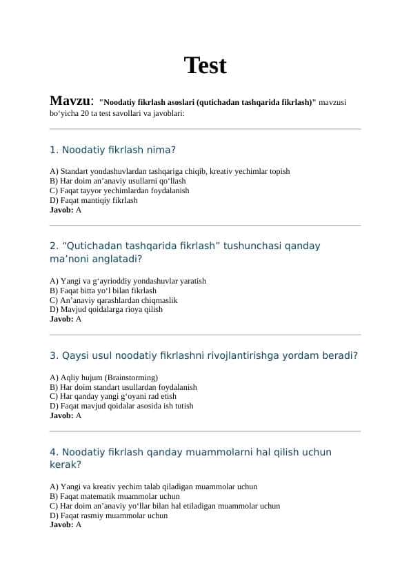 Mavzu: "Noodatiy fikrlash asoslari (qutichadan tashqarida fikrlash)" mavzusi bo‘yicha 20 ta test savollari va javoblari: