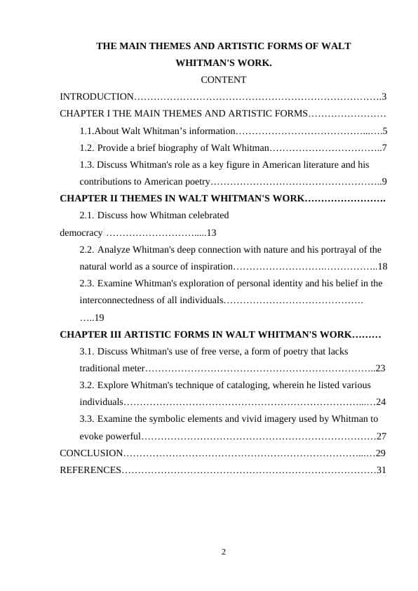 THE MAIN THEMES AND ARTISTIC FORMS OF WALT WHITMAN'S WORK