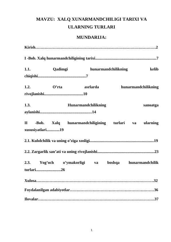XALQ XUNARMANDCHILIGI TARIXI VA ULARNING T... kurs ishi