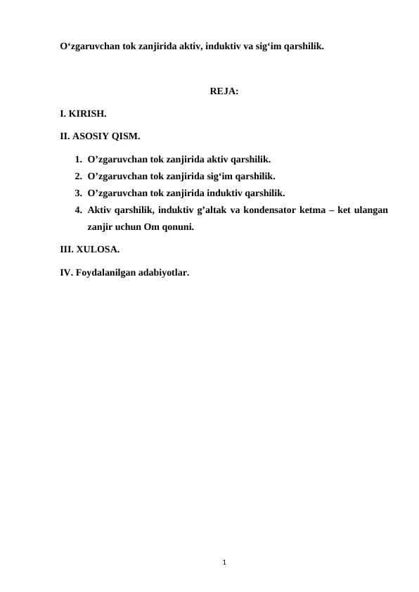 Oʻzgaruvchan tok zanjirida aktiv, induktiv va sigʻim qarshilik