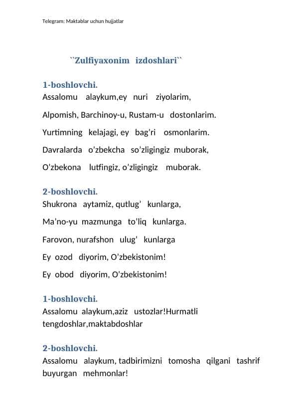 Zulfiyaxonim izdoshlari tadbir ssenariysi